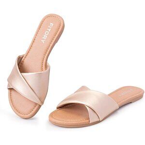 Women's Fashionable Gold Soft Insole Leather Slides Slippers Flat Sandals Shoes